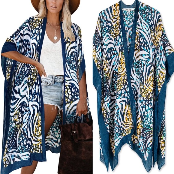 - - ❤️ RESORT BLUE ANIMAL PRINT BOHO Print KimonoArrives new